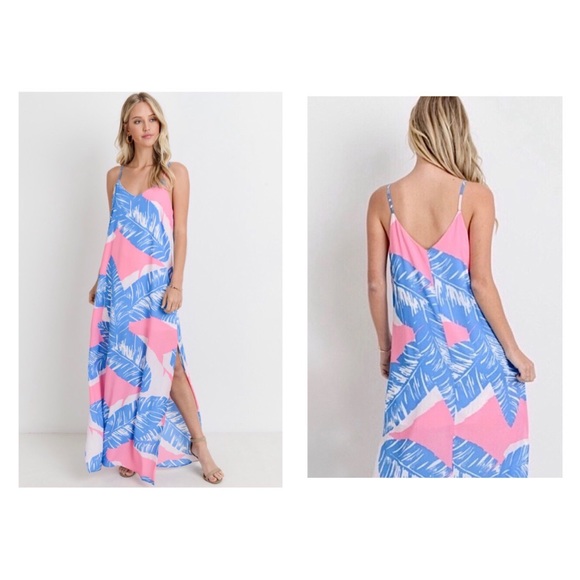 TROPICAL PALM SIDE SLIT SUMMER MAXI DRESS - Picture 2 of 4